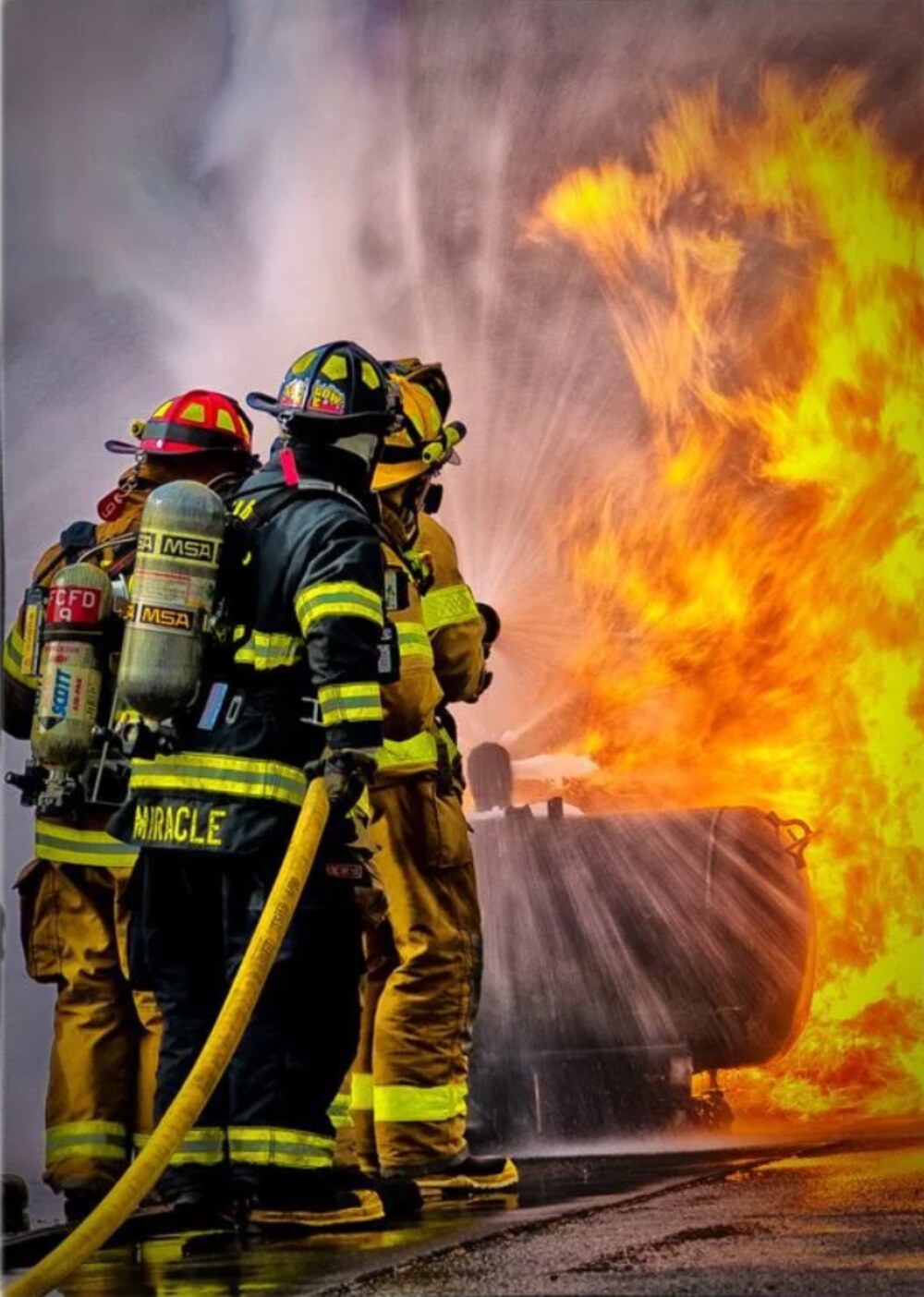 Firefighting team tackling a large fire